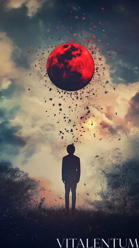 Crimson moon rising above a quiet dreamer at dusk.