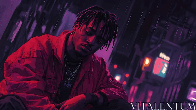 Midnight rain wraps a thoughtful young man in neon quiet