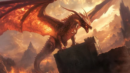 Ember-winged dragon guarding a crumbling molten kingdom.