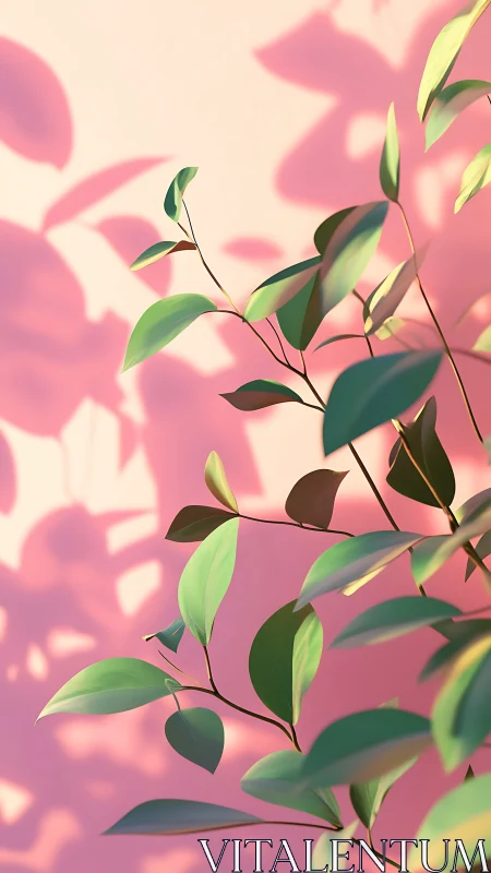 Soft-focus foliage against blush backdrop in photorealistic style.