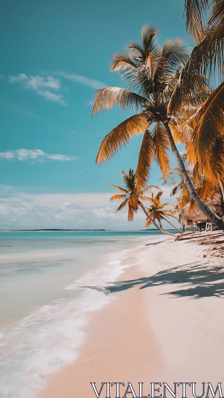 Tropical Beach Paradise with Golden Palm Trees and Turquoise Waters.