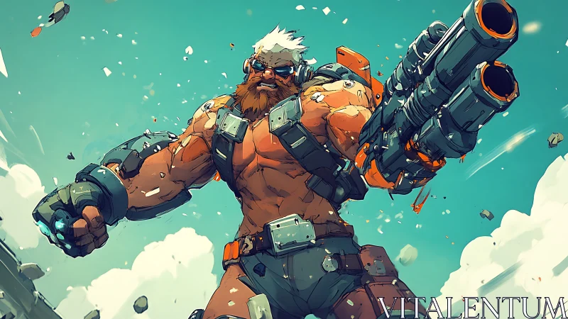 Armored cyborg gunner in low-angle ballistic perspective.