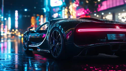 Sleek supercar glides through neon city streets at night