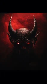 Horned demon portrait in red smoke with glowing eyes.