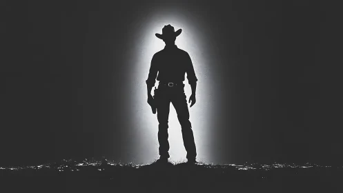 Lone cowboy silhouette stands bold against glowing night light