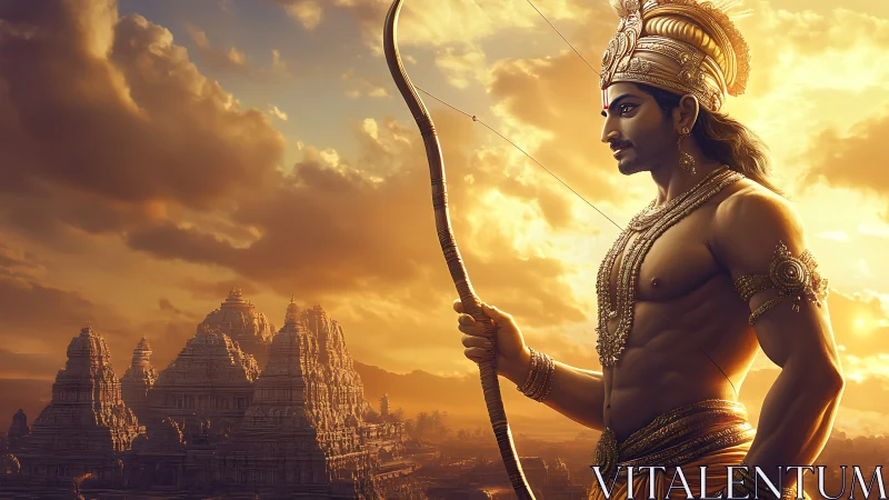 Warrior archer overlooks ornate ancient temples at sunset