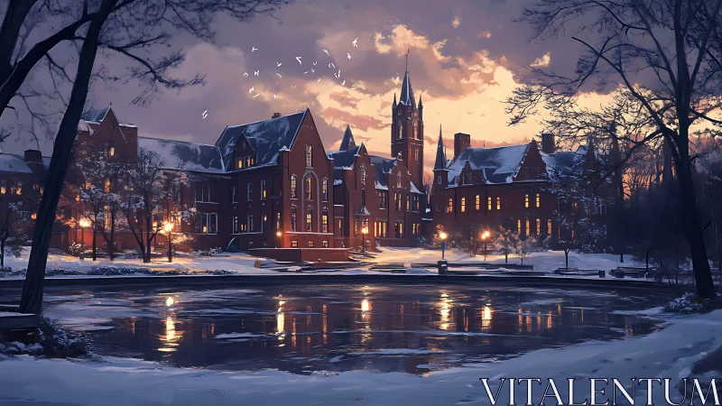 Gothic brick campus glows over frozen winter pond at dusk
