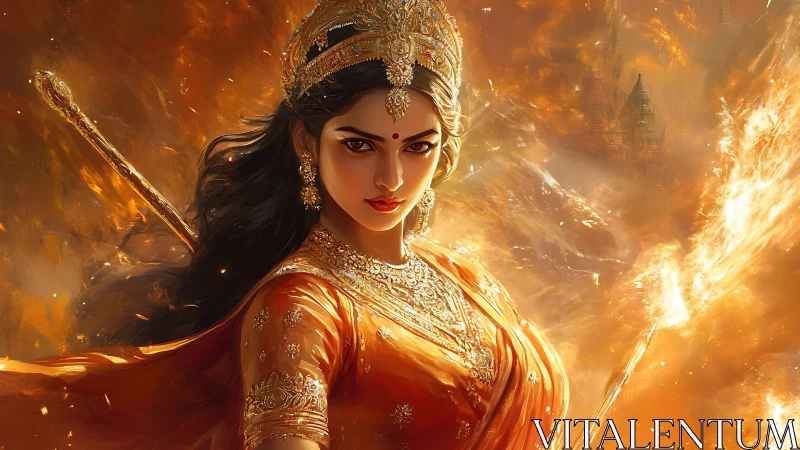 Flame-crowned warrior goddess in incandescent digital armor.