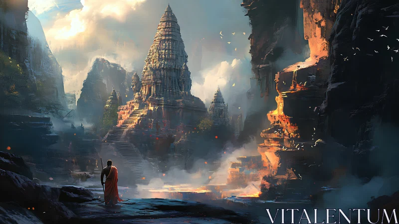 Mountain temple vista with lone robed pilgrim at dawn.