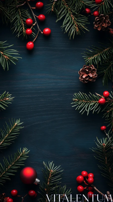 Fir branches, red berries and pine cones on dark wood.