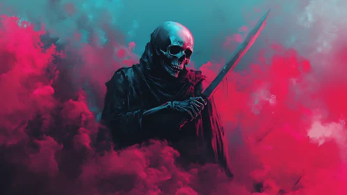 Hooded skeletal figure with sword amid cyan and magenta vapor.