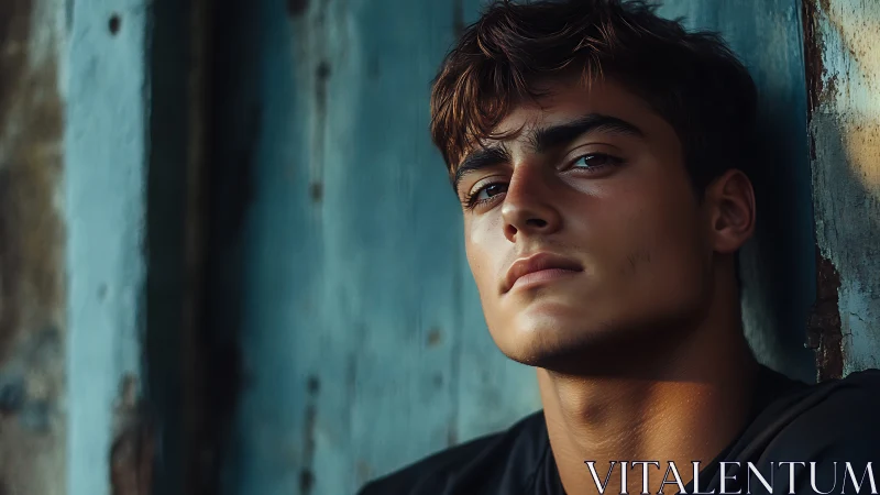 Brooding young man leans against weathered blue metal wall