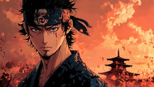 Stoic anime swordsman before burning temple at dusk.