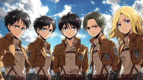 Parametric lineup of uniformed anime cadets under cloudbreak sky.