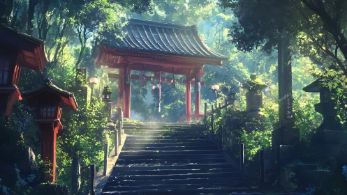 Soft morning light welcomes a tranquil forest shrine path