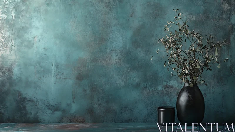 Black vase with dried branches against textured teal wall