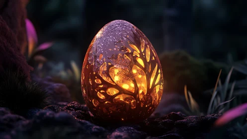 Glowing forest egg cradling a secret light in twilight.