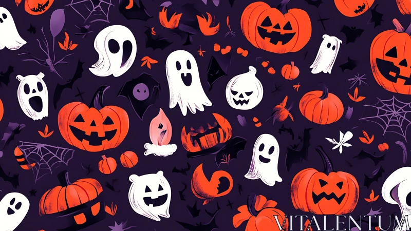 Playful Halloween ghosts and pumpkins share a spooky smile