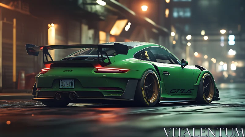Neon-soaked city street framing vivid green GT3 RS coupe.