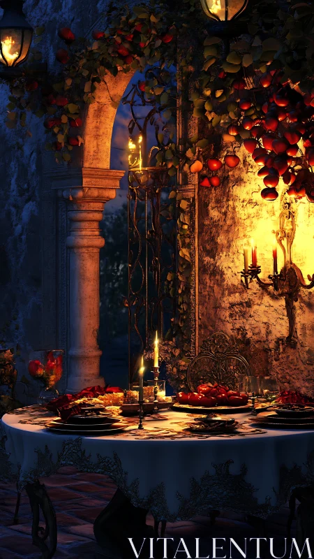 Digital painting of candlelit rustic courtyard feast tableau.