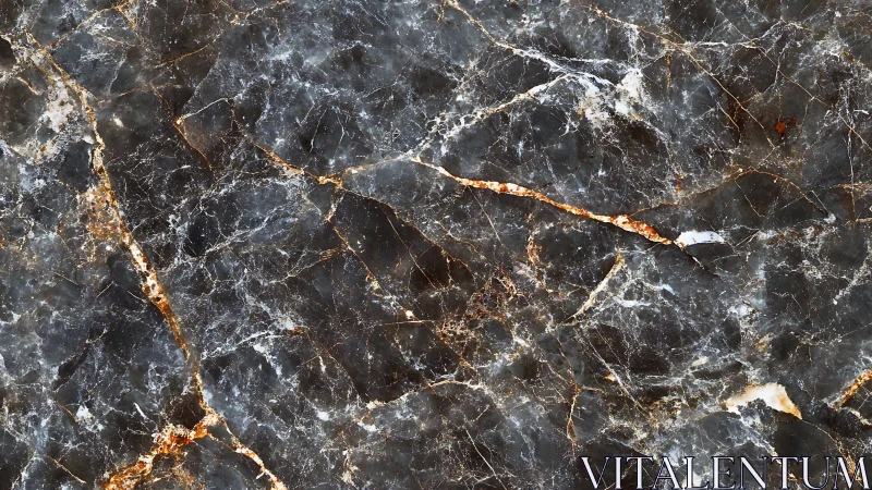 Dark marble surface shows copper veins and white fractures.