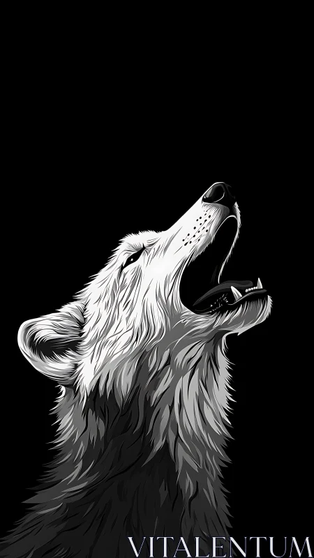 Monochrome vector profile depicts wolf head in vocal pose