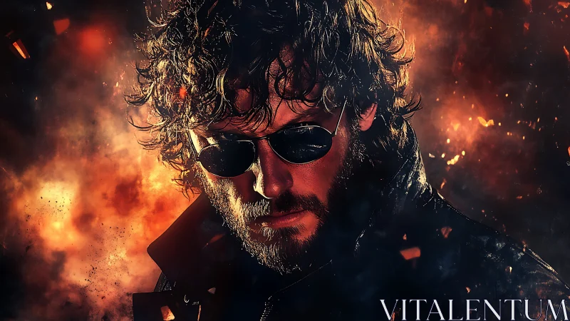 Brooding antihero stands before cinematic firestorm backdrop.