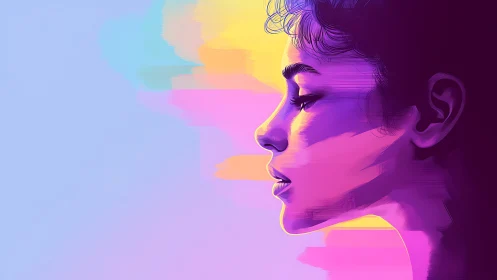 Side profile digital portrait with gradient color bands.
