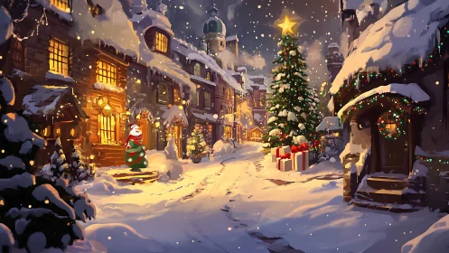 Snowy Christmas village street glows with warm lantern light.