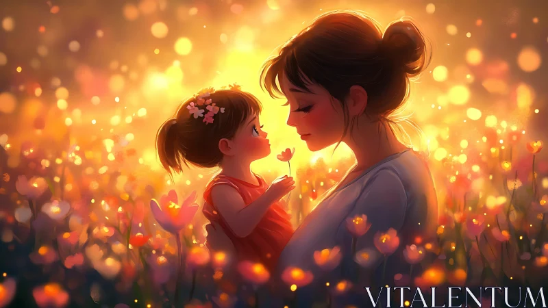 Two figures in illuminated field with warm lighting