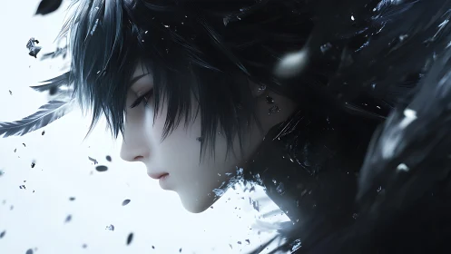 Melancholic raven‑haired anime figure dissolves into shards