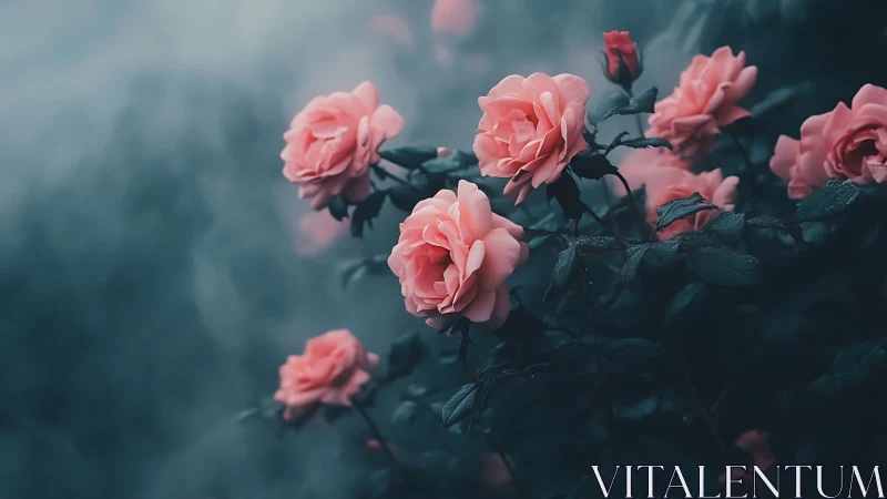 Pink Roses Bloom Against Soft Blue-Green Garden Setting