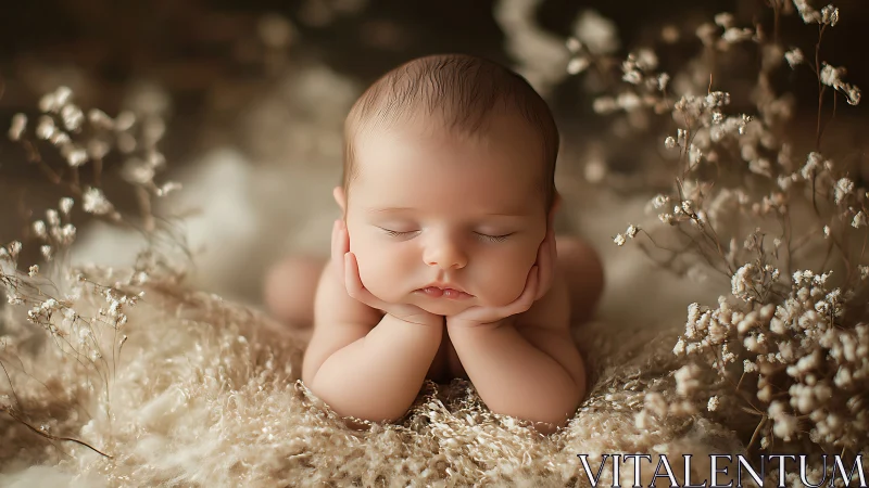 Newborn Portrait with Dried Floral Styling and Warm Tonal Lighting. Studio