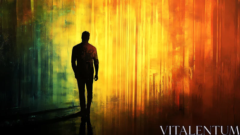 Silhouetted wanderer crossing vivid abstract light field.