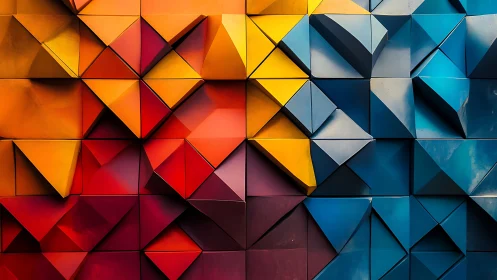 Colorful pyramids collide as warm tones kiss cool geometry