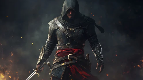 Hooded rogue warrior advances through embers in smoky dusk