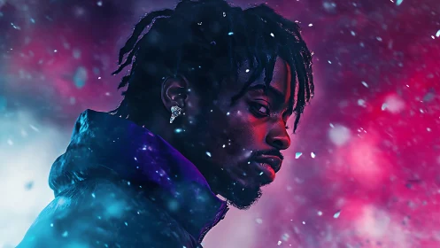 Neon snowfall crowns a contemplative figure in cosmic glow