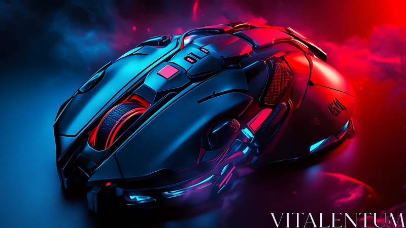 Dual-tone RGB gaming mouse rendered with cinematic cyberpunk lighting