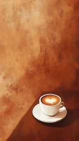 White cup of latte with heart art on warm brown table.