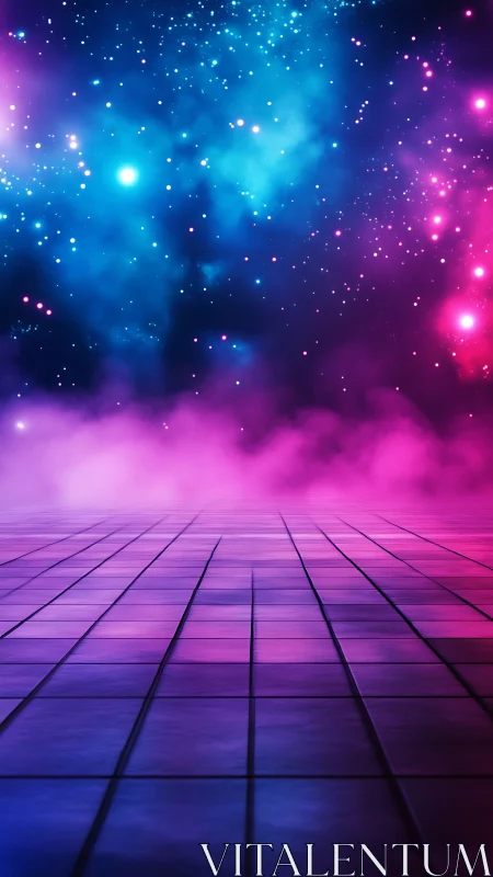 Chromatic nebula horizon above retrofuturist tiled plane.