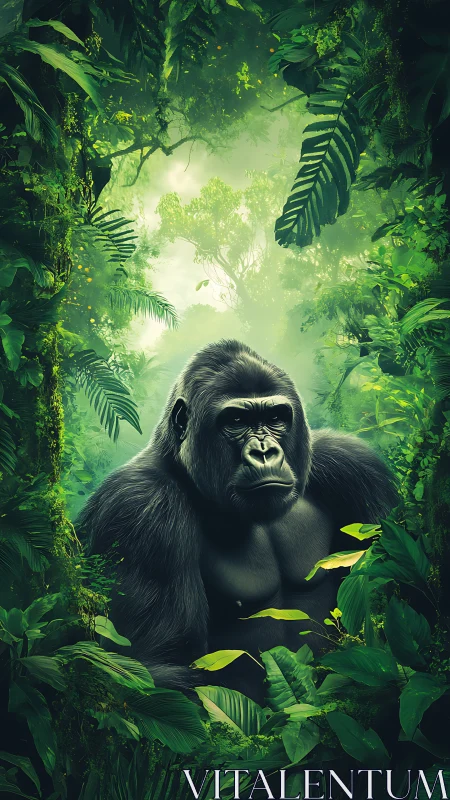 Gentle gorilla rests calmly amid lush emerald jungle greens
