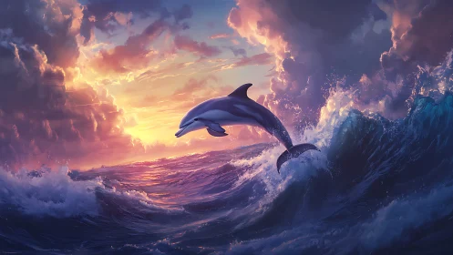 Dolphin leaping over vivid ocean waves at sunset sky