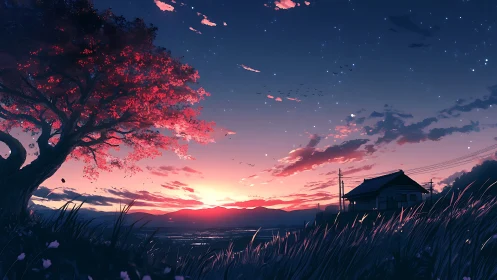 Twilight horizon field with crimson tree and rural dwelling.