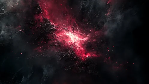 Crimson cosmic nebula exploding through dark void.