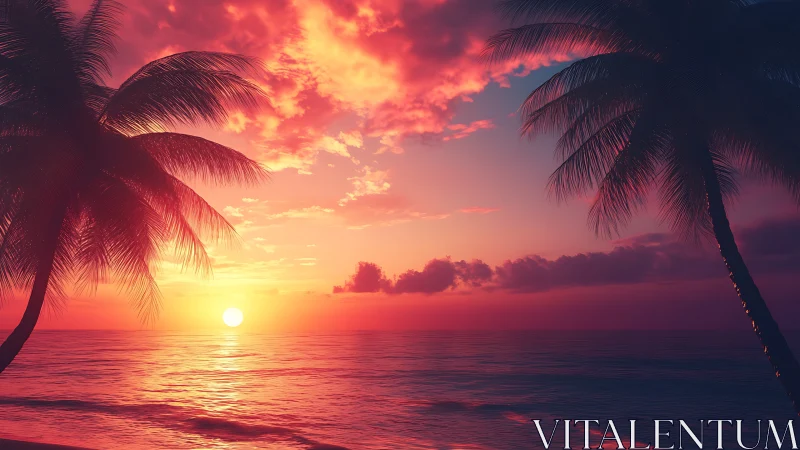 Spectral-gradient tropical seascape with silhouetted palm canopy.