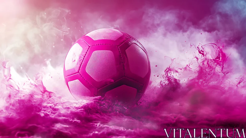 Pink soccer ball in swirling colored smoke and powder.