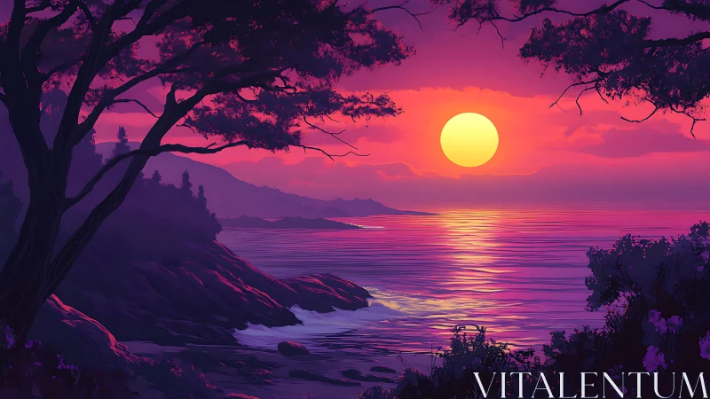 Vibrant coastal sunset with layered silhouettes and reflective gradients