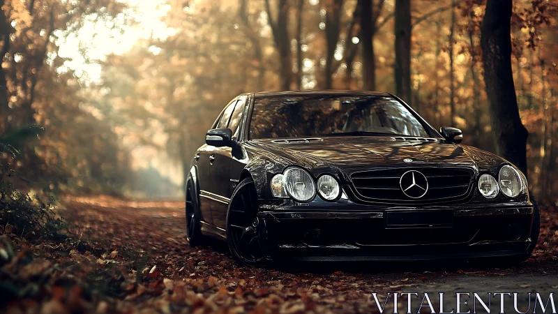 Photorealistic Mercedes sedan in cinematic autumn forest light.