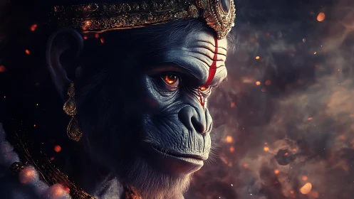 Regal monkey warrior crowned in ember-lit midnight calm.