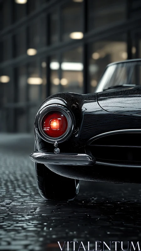Classic black coupe rear glows against wet urban glass